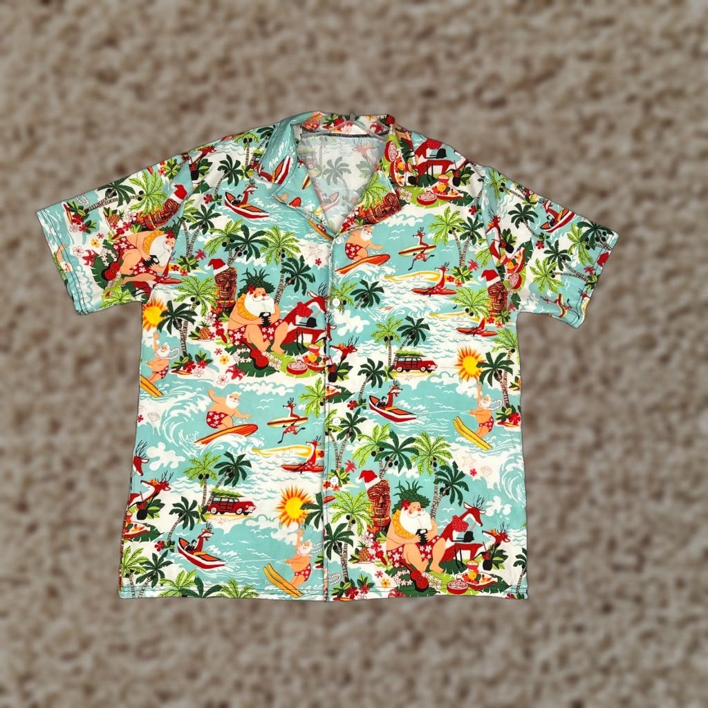 Vintage Hawaiian Christmas Shirt Adult Medium Blue Santa Reindeer Surf Palm Polyester Graphic Print Size US M / EU 48-50 / 2 - 1 Thumbnail