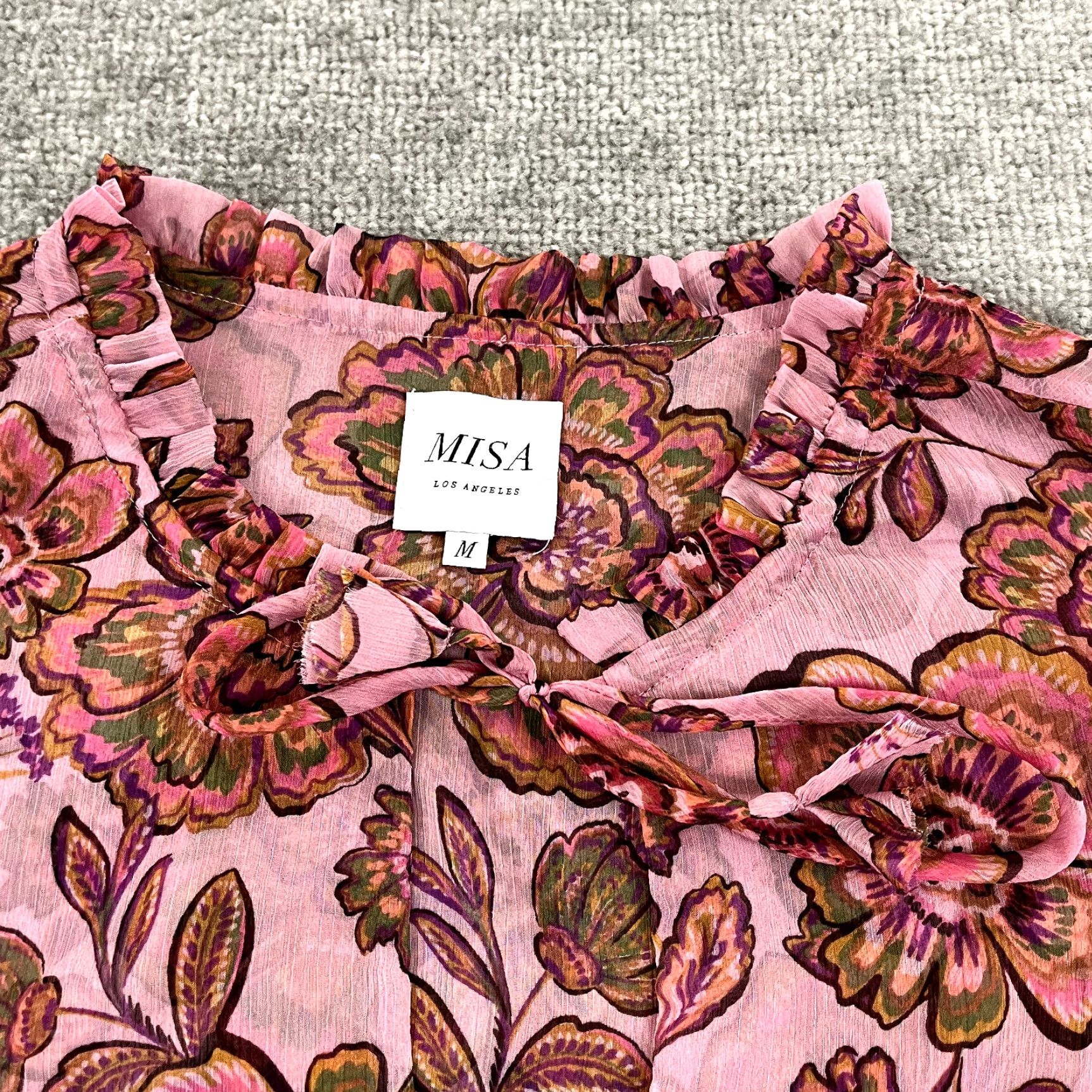 Vintage MISA Top Womens Medium Pink Floral Sheer Layered Sleeve Peasant BOHO Slit V Neck Shirt Size M / US 6-8 / IT 42-44 - 7 Thumbnail