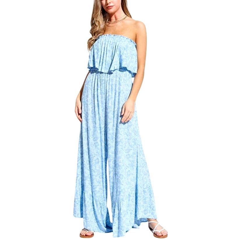 Illa Illa Light Blue Floral Strapless Wide Leg Jumpsuit