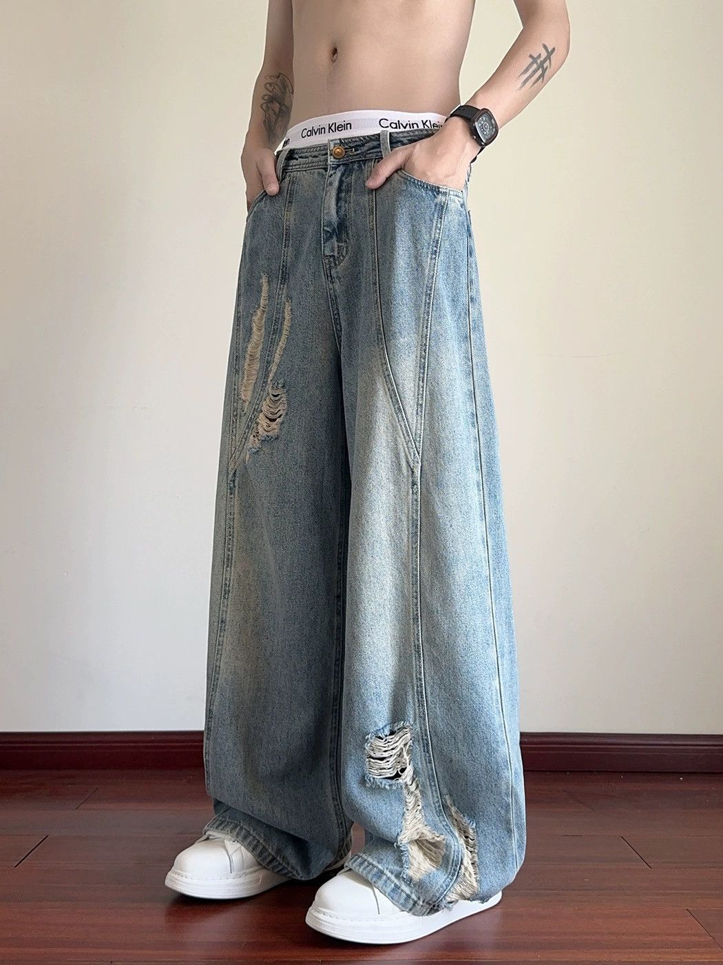 Japanese Brand Men's loose-fitting casual patchwork ripped jeans Size US 32 / EU 48 - 1 Thumbnail