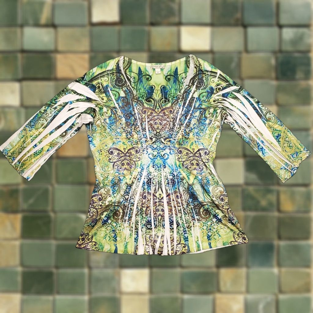 Vintage Energe Top Womens L Green Bohemian Psychedelic 3/4 Sleeve Summer Blouse Mens? Size L / US 10 / IT 46 - 1 Thumbnail