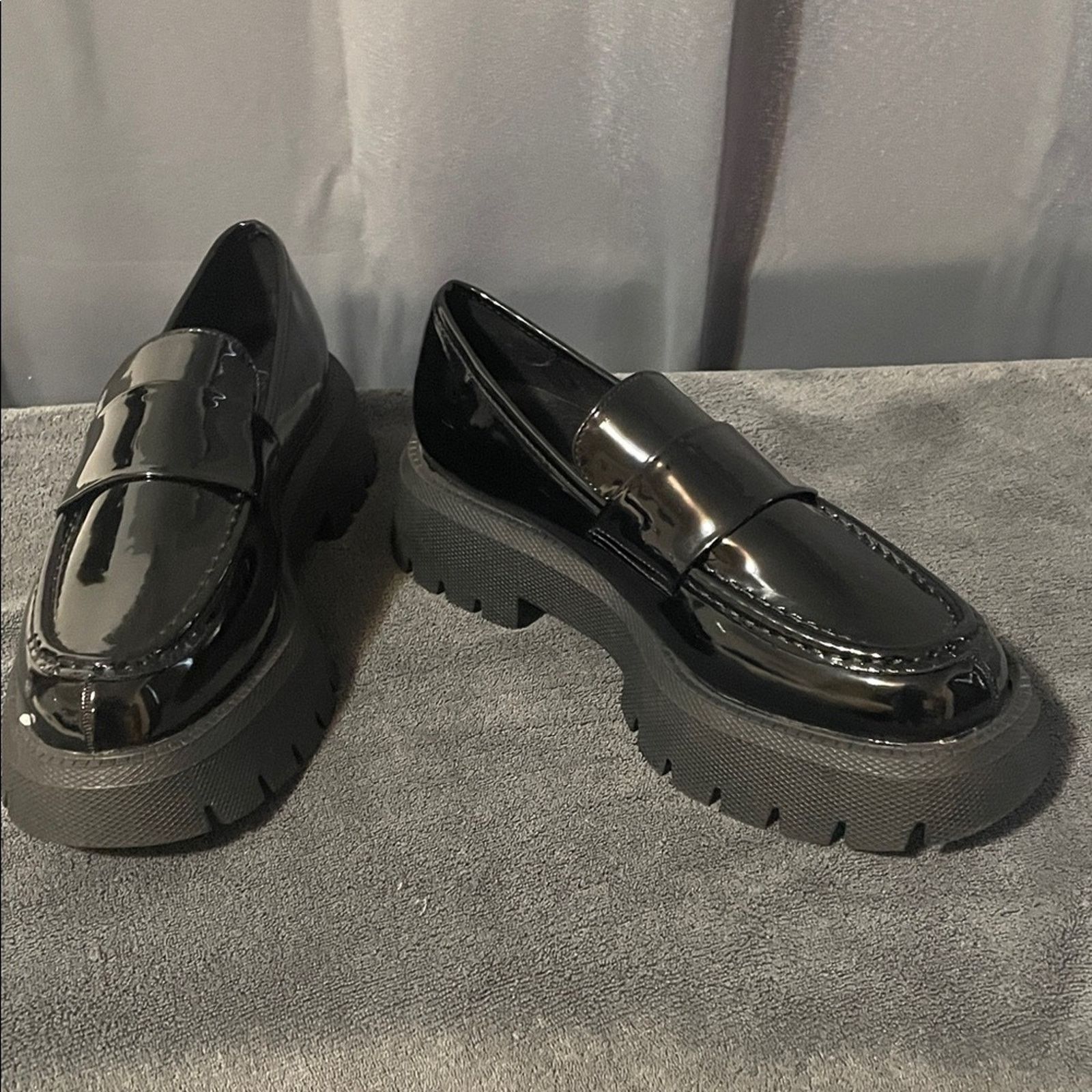 Boohoo Glossy Black Chunky Loafers Size 9, Women's