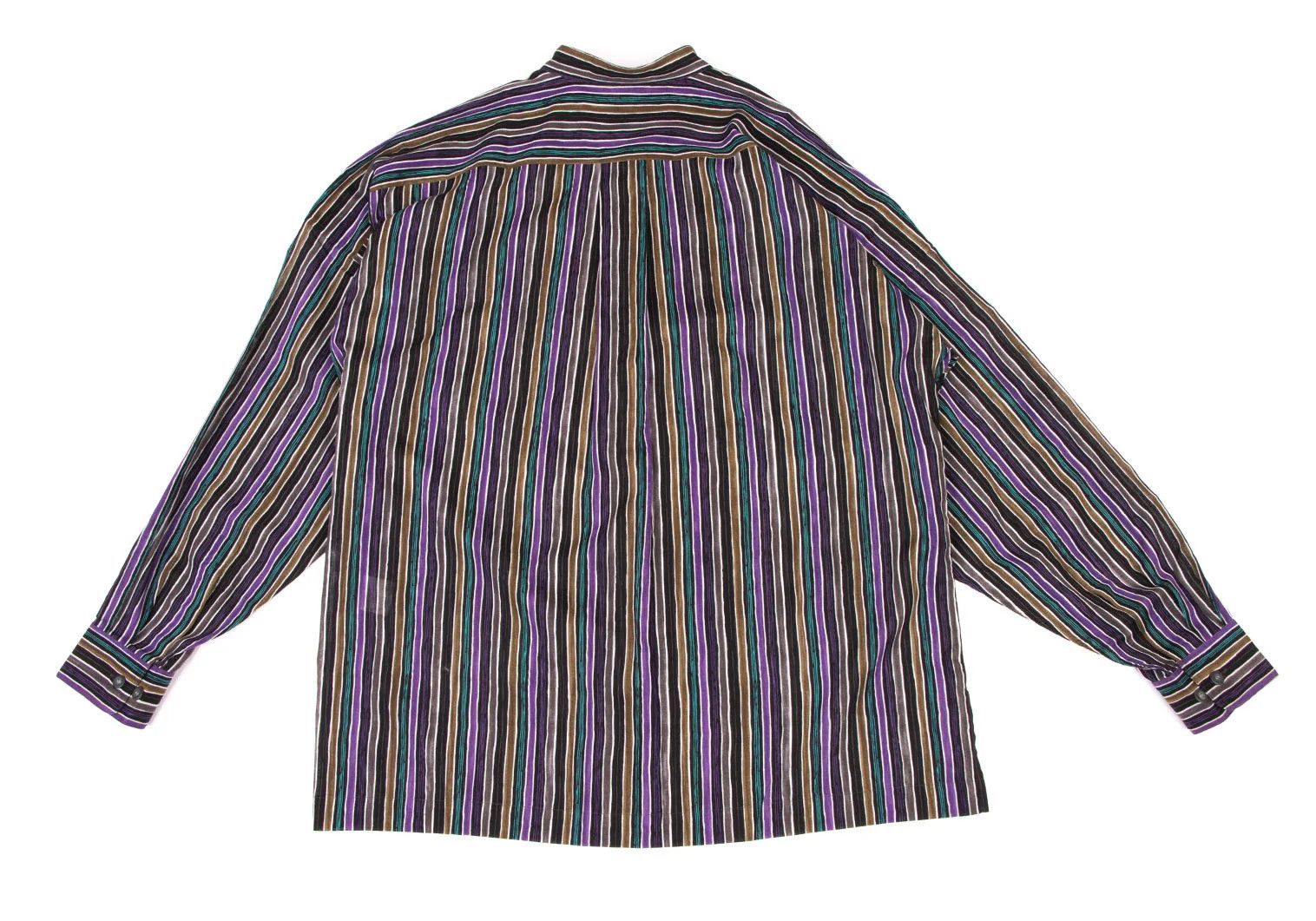Issey Miyake Cotton Stripe Band Collar Shirt in Black Purple Green Size US M / EU 48-50 / 2 - 12 Thumbnail