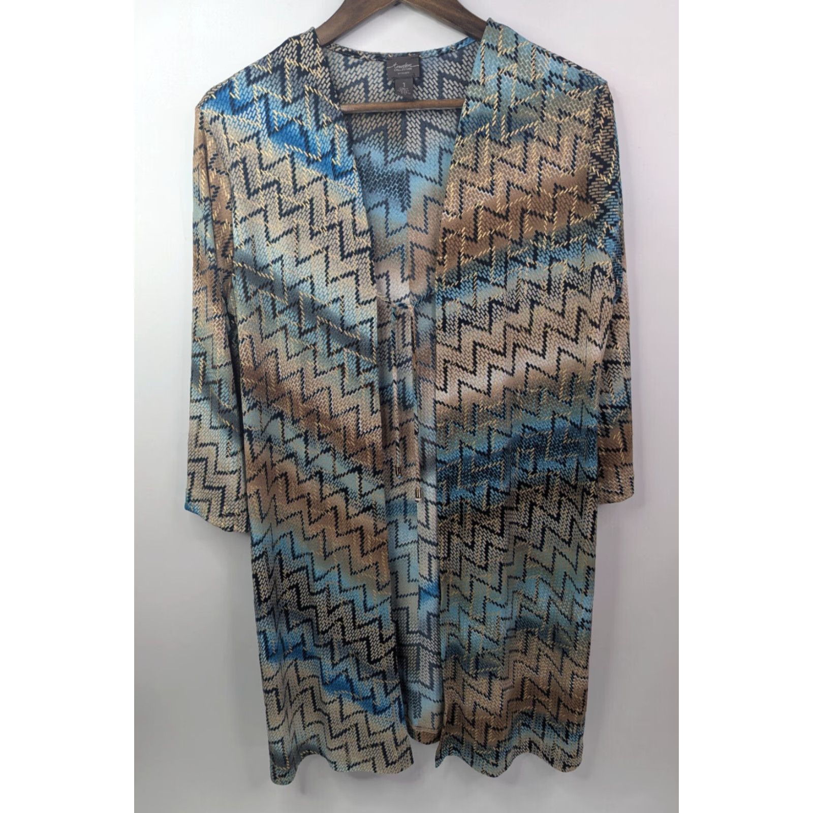 Vintage Chico's Travelers Long Cardigan Womens M/8 Chevron Print Front Tie Shirt Sweater Open Front All Seasons Lightweight Casual Womens Size M / US 6-8 / IT 42-44 - 2 Thumbnail