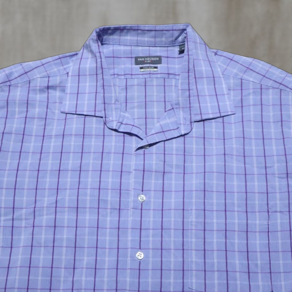 Van Heusen VanHeusen Shirt Regular Men’s Button-Up Long Sleeve Blue Plaid Size 18.5 36/37 Comfort Wrinkle Resistant Fall Winter Spring Summer 4 Seasons Size US XXL / EU 58 / 5 - 1 Thumbnail