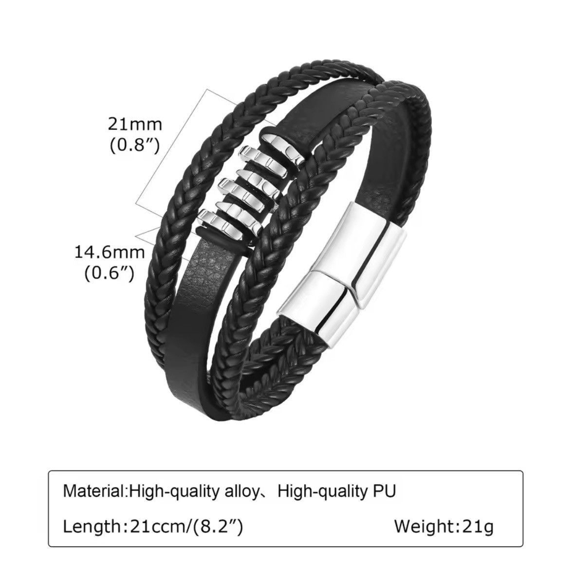 Jewelry × Leather New Gentle Black Mens Bracelet PU Leather Size ONE SIZE - 3 Thumbnail