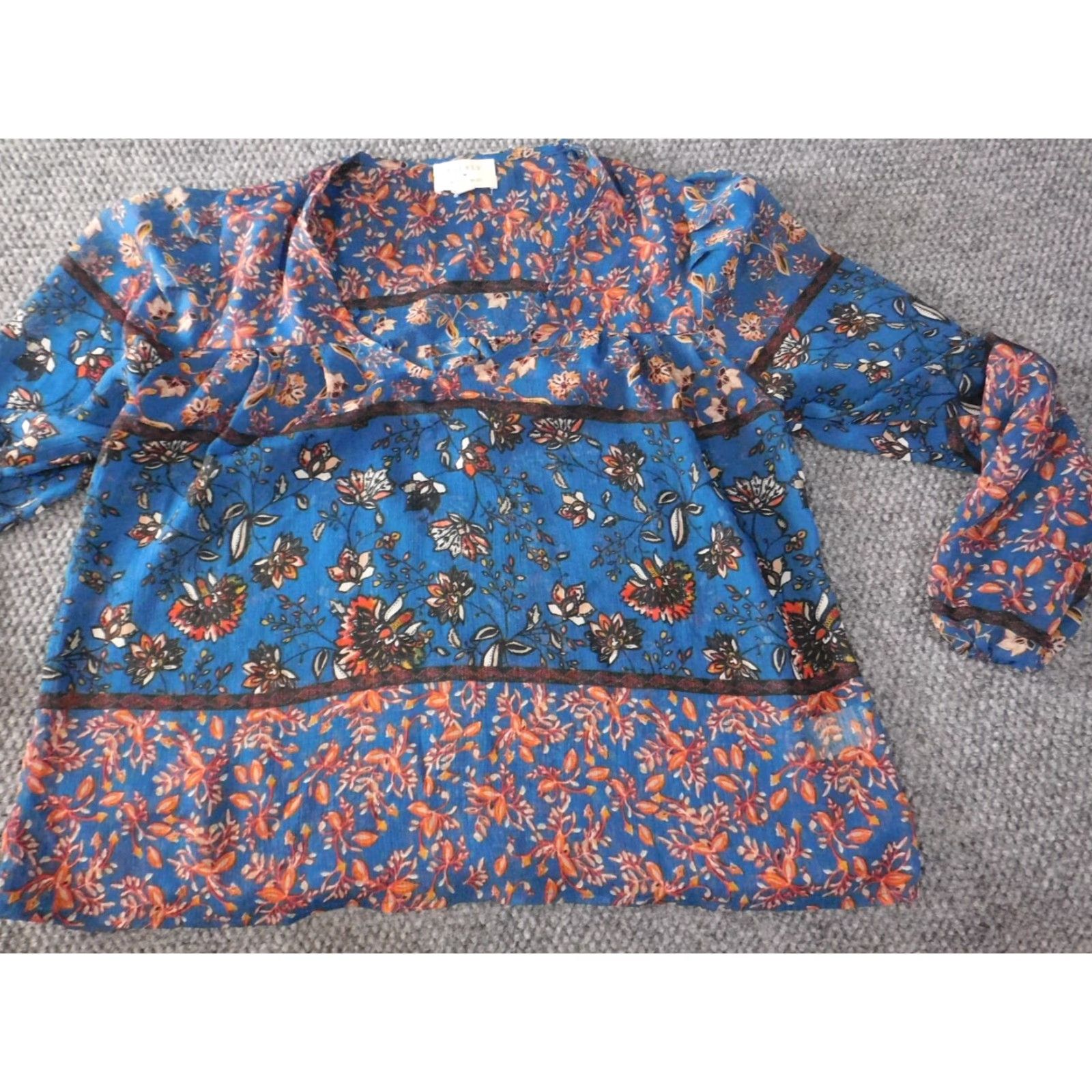 Vintage Everly Womens Blouse XS Blue Floral Top Designer Collared Pullover Casual Sleeve Button Polyester Rayon Regular Women's Top Size XS / US 0-2 / IT 36-38 - 2 Thumbnail