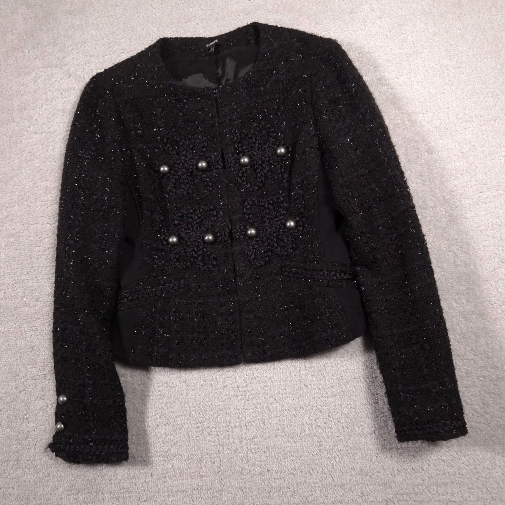 Express VINTAGE Express Blazer Womens Small Black Tweed Pearl Button Embellished Cropped Jacket Size S / US 4 / IT 40 - 2 Thumbnail