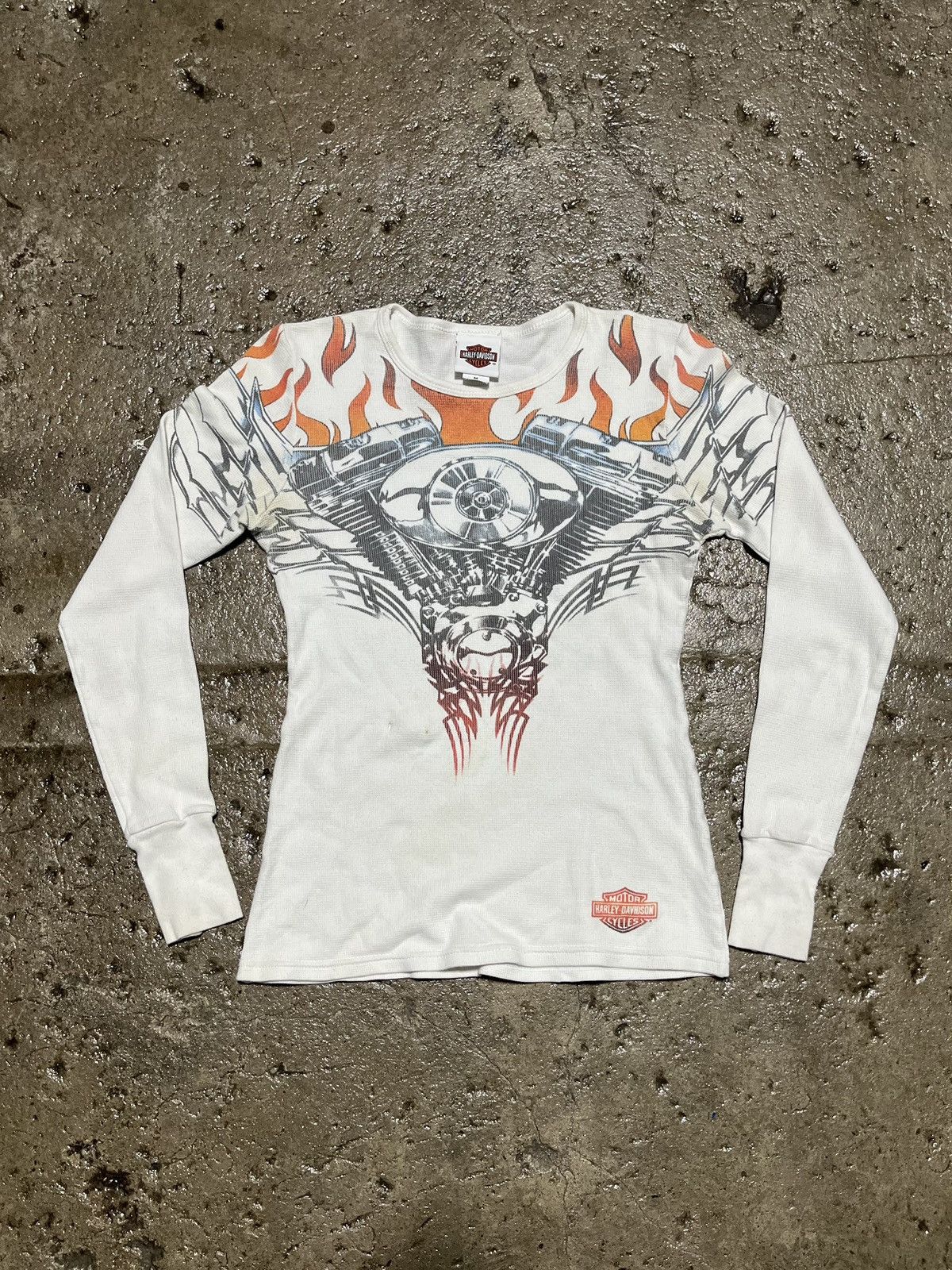 image of Affliction x Harley Davidson Crazy Vintage Y2K Harley Davidson Flame Long Sleeve Thermal in White (