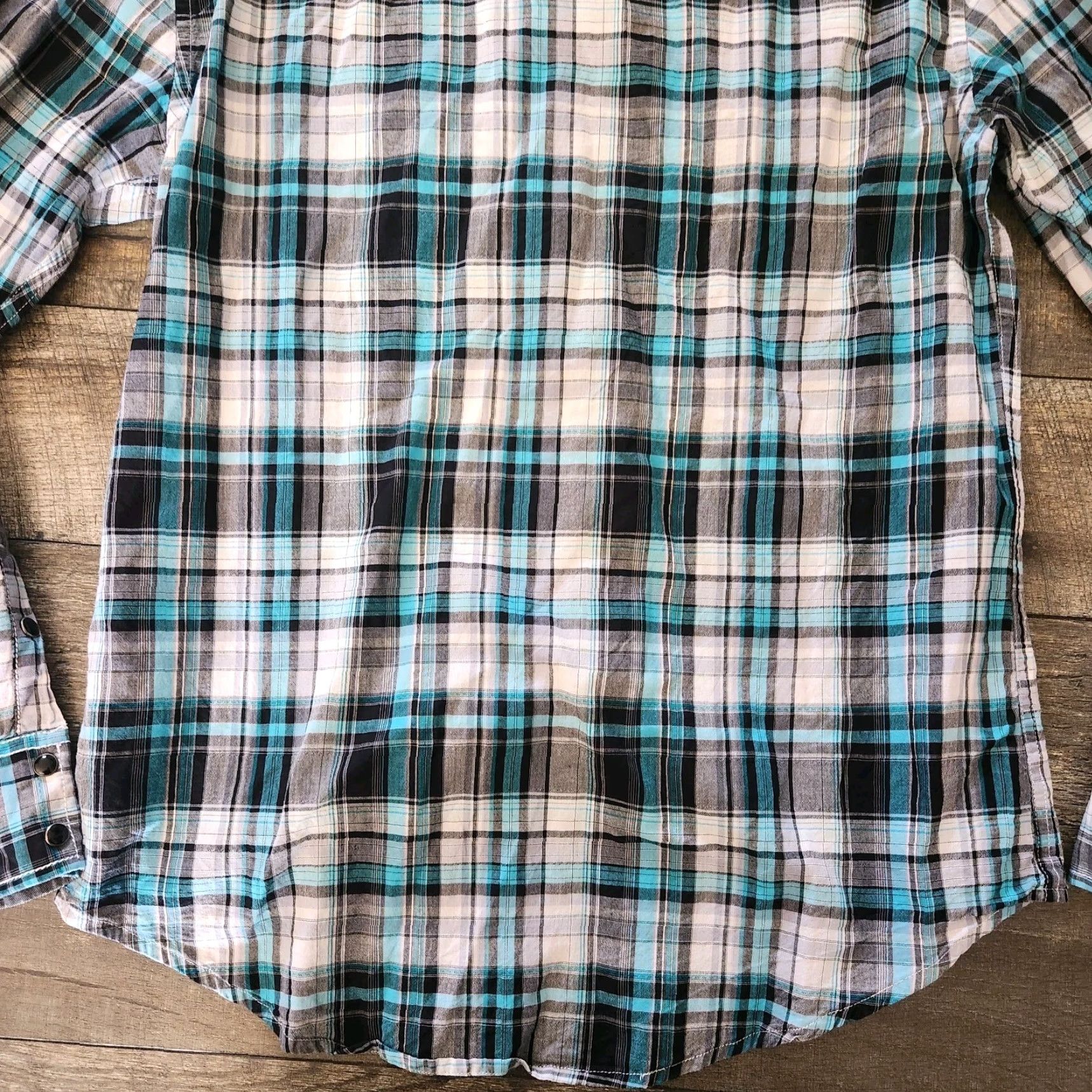 Vintage Rock And Roll Cowboy Pearl Snap Shirt Mens Medium Teal Plaid Thick Stitch Regular Button-Up Short Sleeve Collared Pocket Cowboy USA Western Mens Size US M / EU 48-50 / 2 - 7 Thumbnail