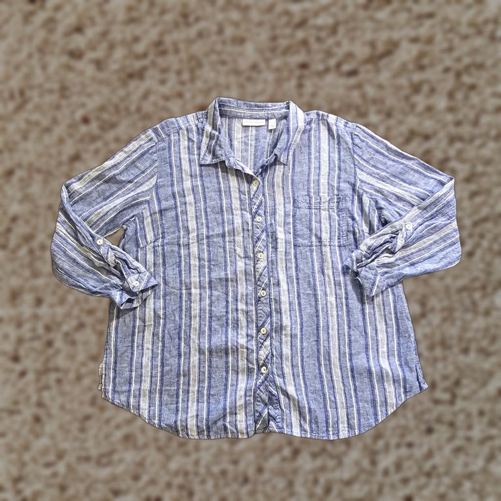 Vintage Susan Graver Top Women XL Petite Blue Linen Striped Button Long Sleeve Casual Blouse Size XL / US 12-14 / IT 48-50 - 1 Thumbnail