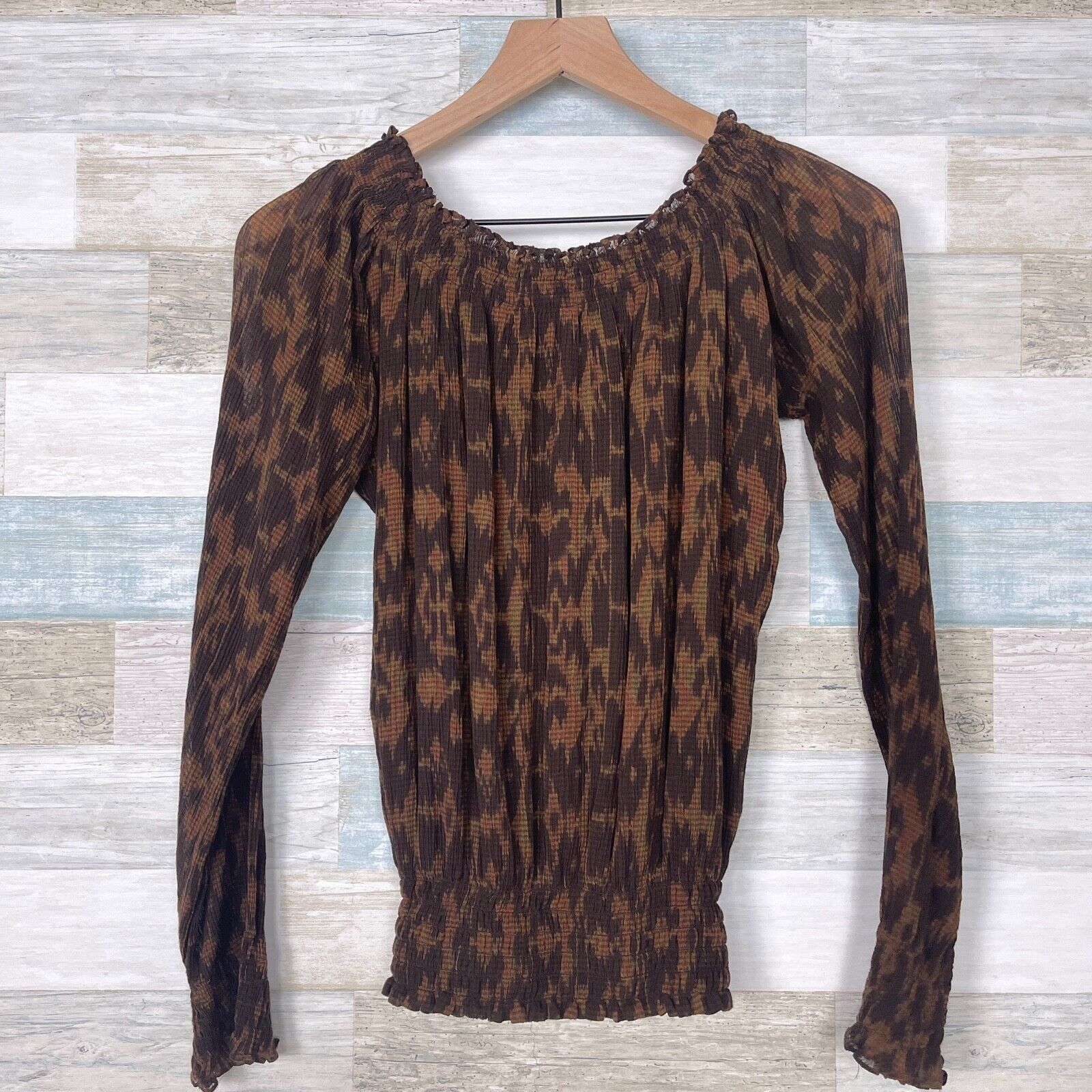 Lauren Ralph Lauren LRL Ralph Lauren Silk Crinkle Smock Peasant Top Brown Animal Size S / US 4 / IT 40 - 4 Thumbnail