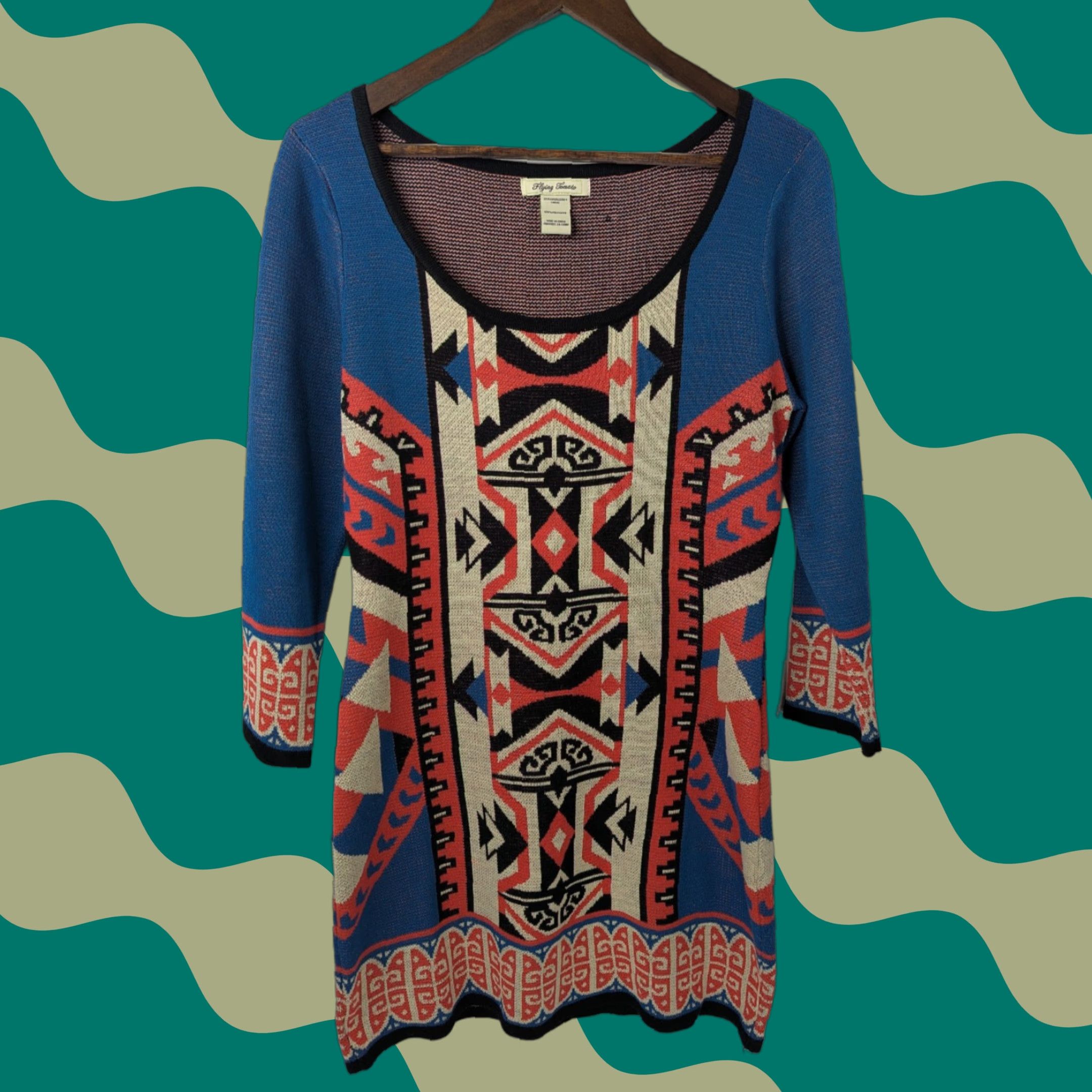 Vintage Flying Tomato Womens Aztec 3/4 Sleeve Scoop Neck Boho Sheath Sweater Dress Large Size L / US 10 / IT 46 - 1 Thumbnail