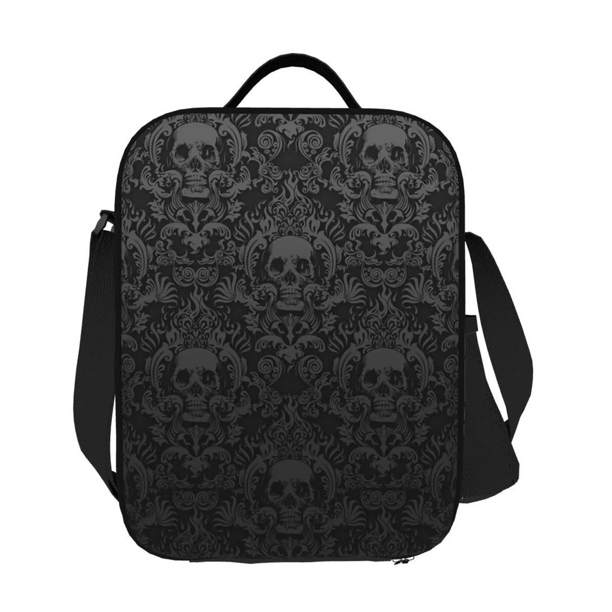 Designer Black Gothic Skull Damask Pattern Insulated Lunch Bag Size ONE SIZE - 2 Thumbnail