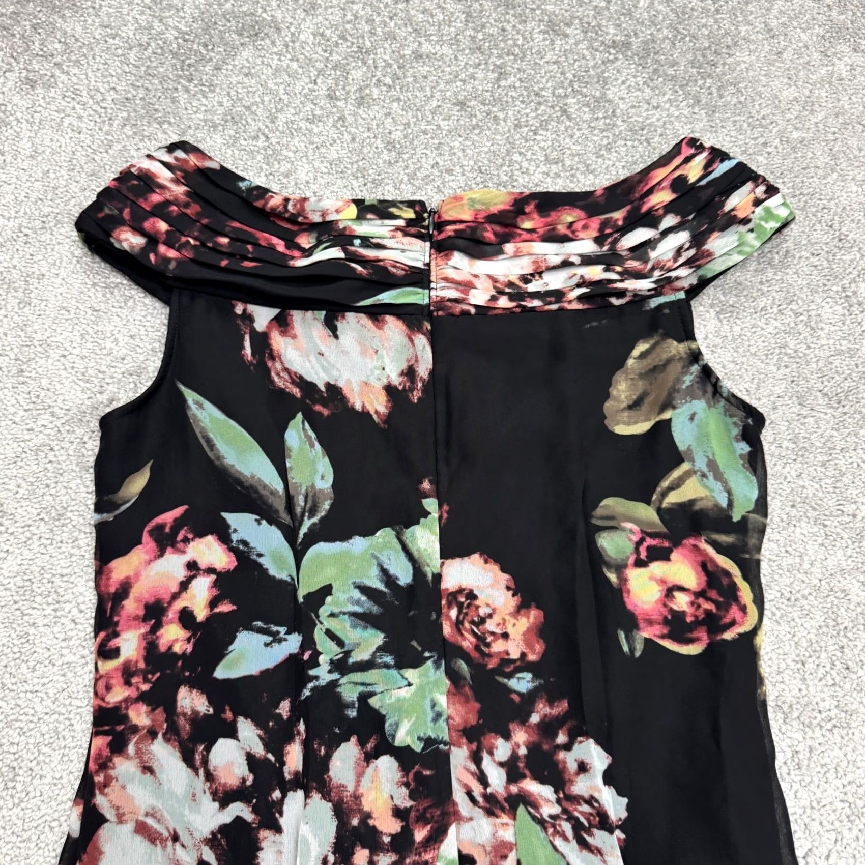 Adrianna Papell Adrianna Papell Black Floral Midi Dress Womens 6 Ruched 3D Flower Pleated Party Size M / US 6-8 / IT 42-44 - 4 Thumbnail