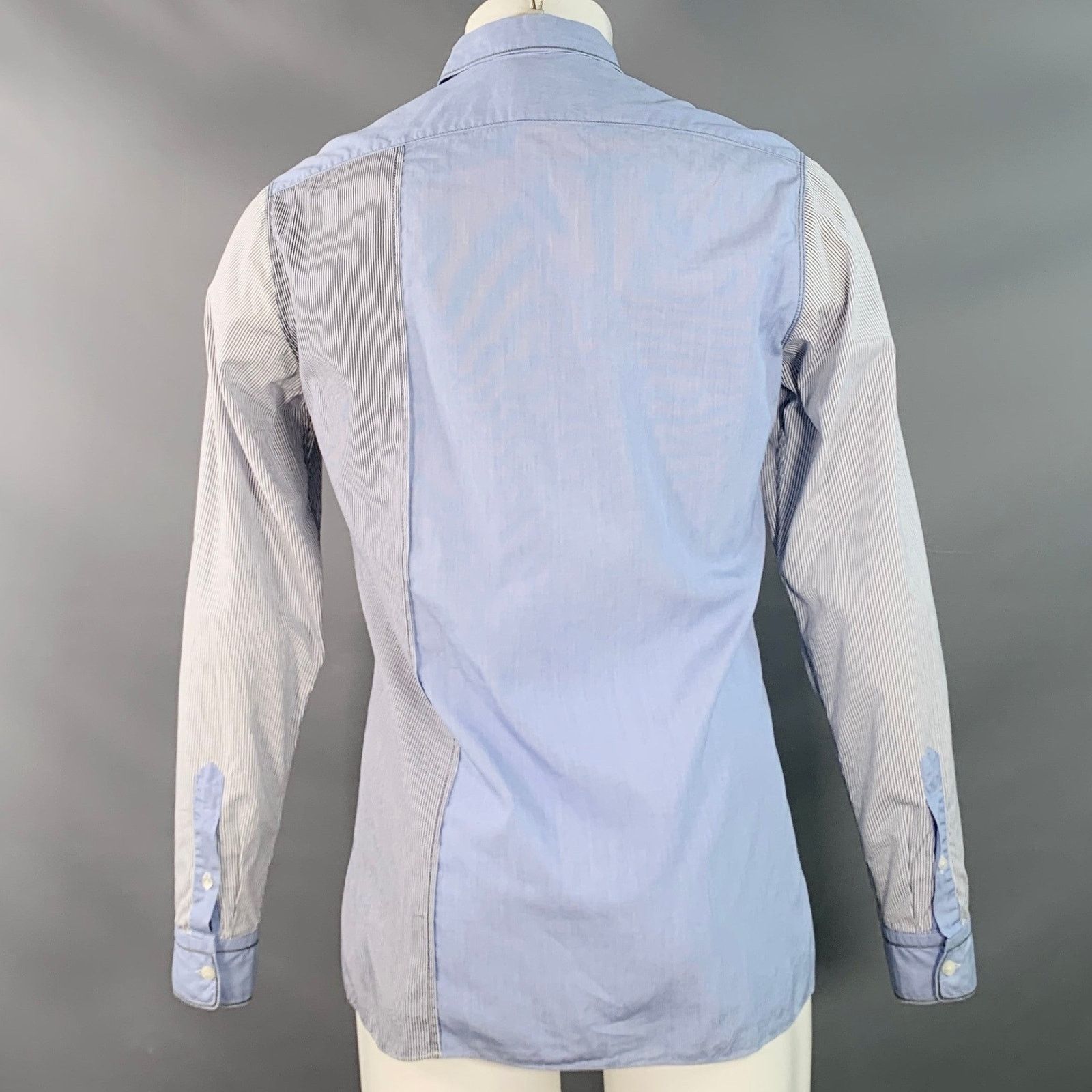 Lanvin LANVIN White Blue Patchwork Stripe Cotton One Pocket Shirt Size US S / EU 44-46 / 1 - 4 Thumbnail
