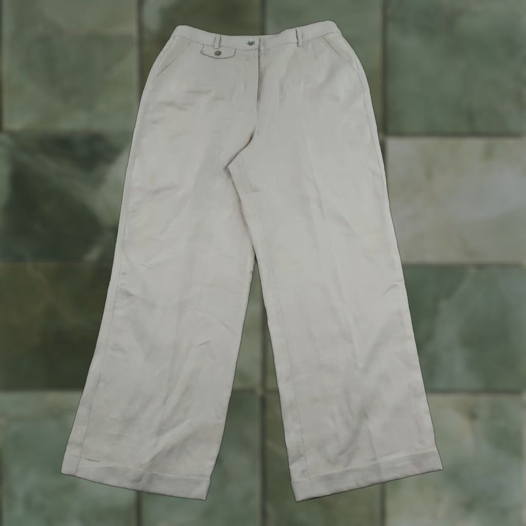 J Peterman Pants Womens 14 Beige Linen Wide Leg High Rise Lined Trousers