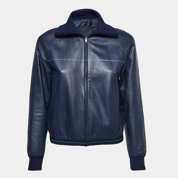 Prada Ss/18 Blue Lambskin Leather Zip-Up Jacket