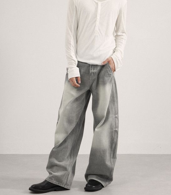 Japanese Brand Men's Retro Tie-Dye Gray Loose Wide-Leg Curved Jeans Size US 32 / EU 48 - 2 Thumbnail