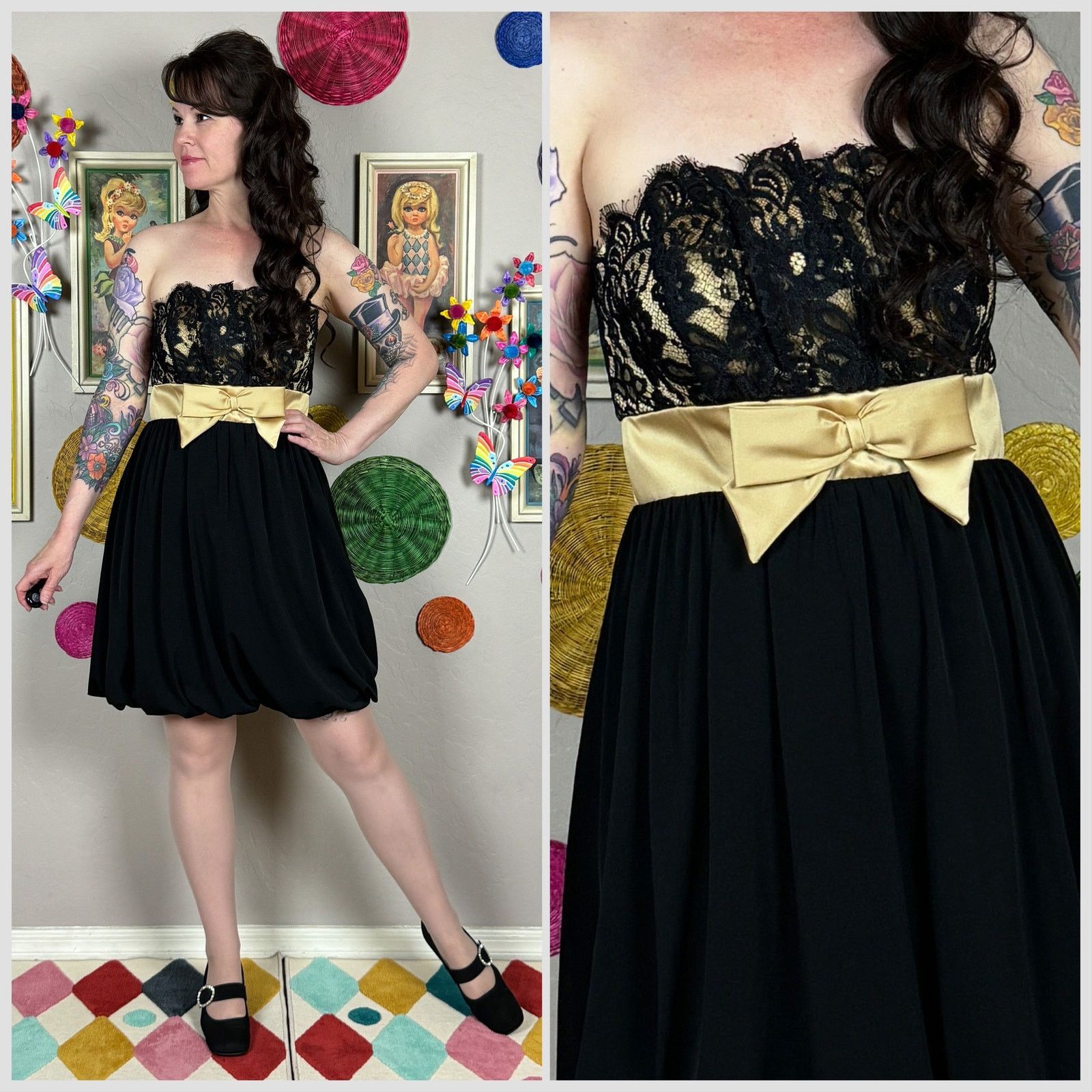 Vintage Y2K Black and Gold Satin and Lace Bubble Hem Mini Prom Dress Size S / US 4 / IT 40 - 1 Thumbnail