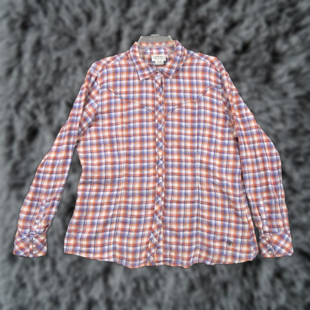 Ariat ARIAT Shirt Western Pearl Snap XL Women Blue Orange Plaid Beaded Button-Up # Cowgirl Casual Size XL / US 12-14 / IT 48-50 - 1 Thumbnail