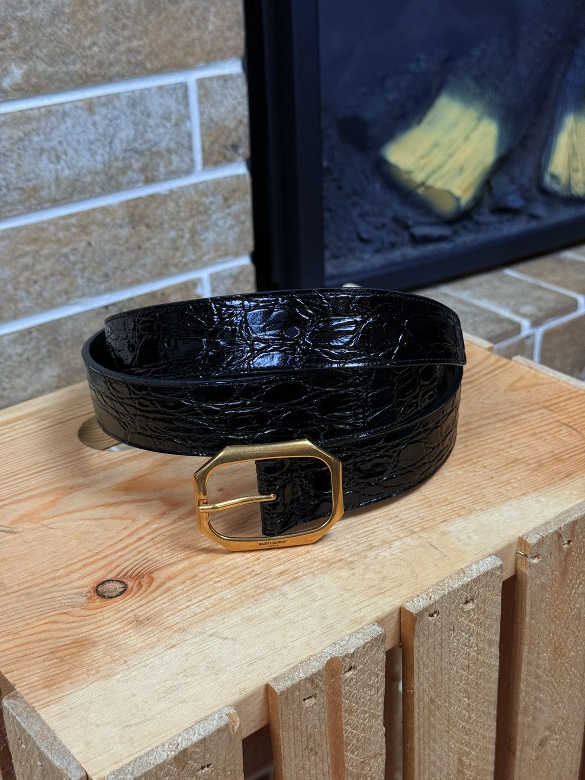 Saint Laurent Paris Saint Laurent Frame Thin Belt Crocodile Embossed Belt Size ONE SIZE - 2 Thumbnail