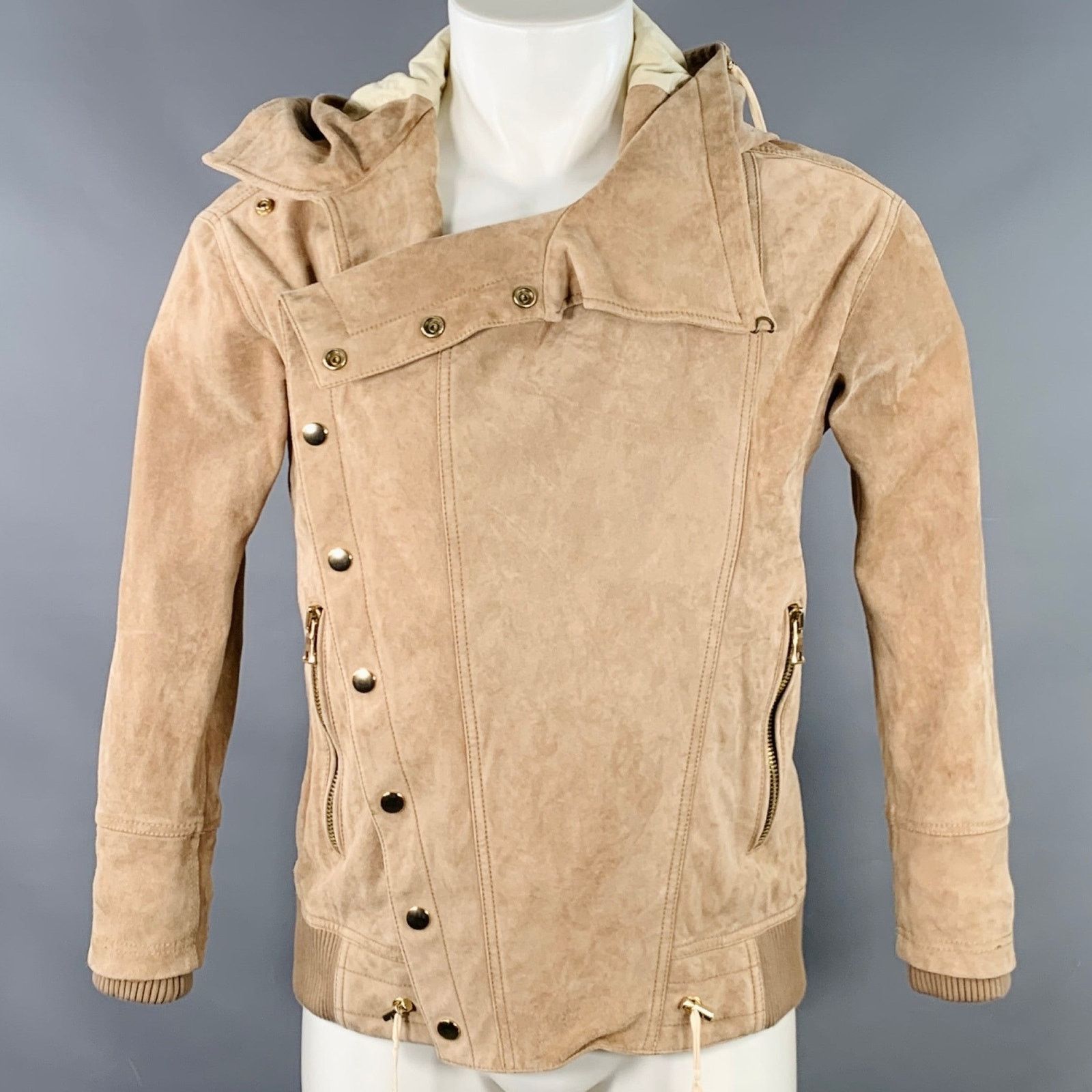 Balmain S Beige Calfskin Suede Hooded Asymmetrical Snaps Jacket Size US S / EU 44-46 / 1 - 1 Thumbnail