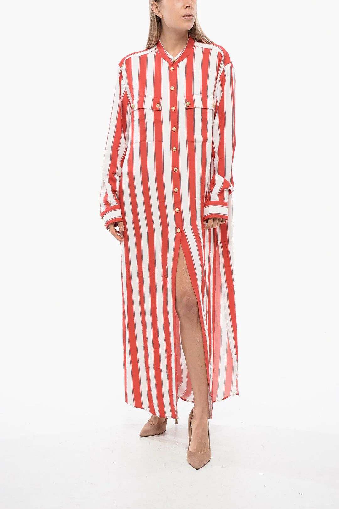 Balmain og1mm0326 Striped Shirt Dress in Red/White Size XS / US 0-2 / IT 36-38 - 4 Thumbnail