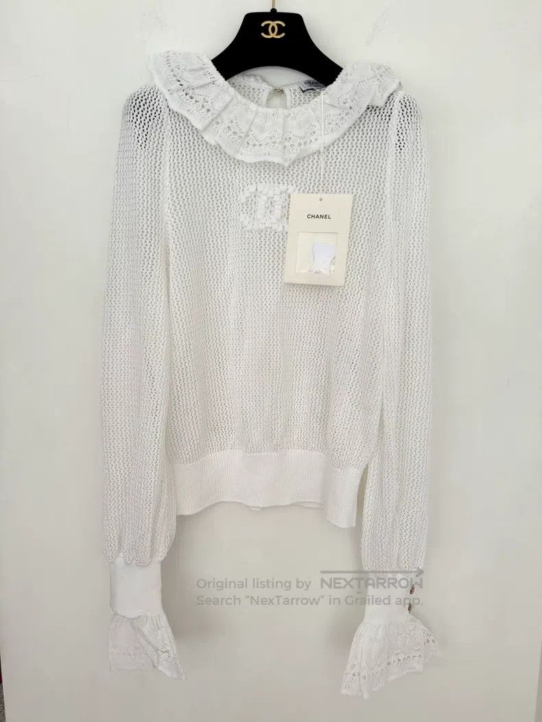 Chanel Chanel White ruffle collar double C jacquard hollow knitte Size XXS / US 00 / IT 34 - 1 Thumbnail