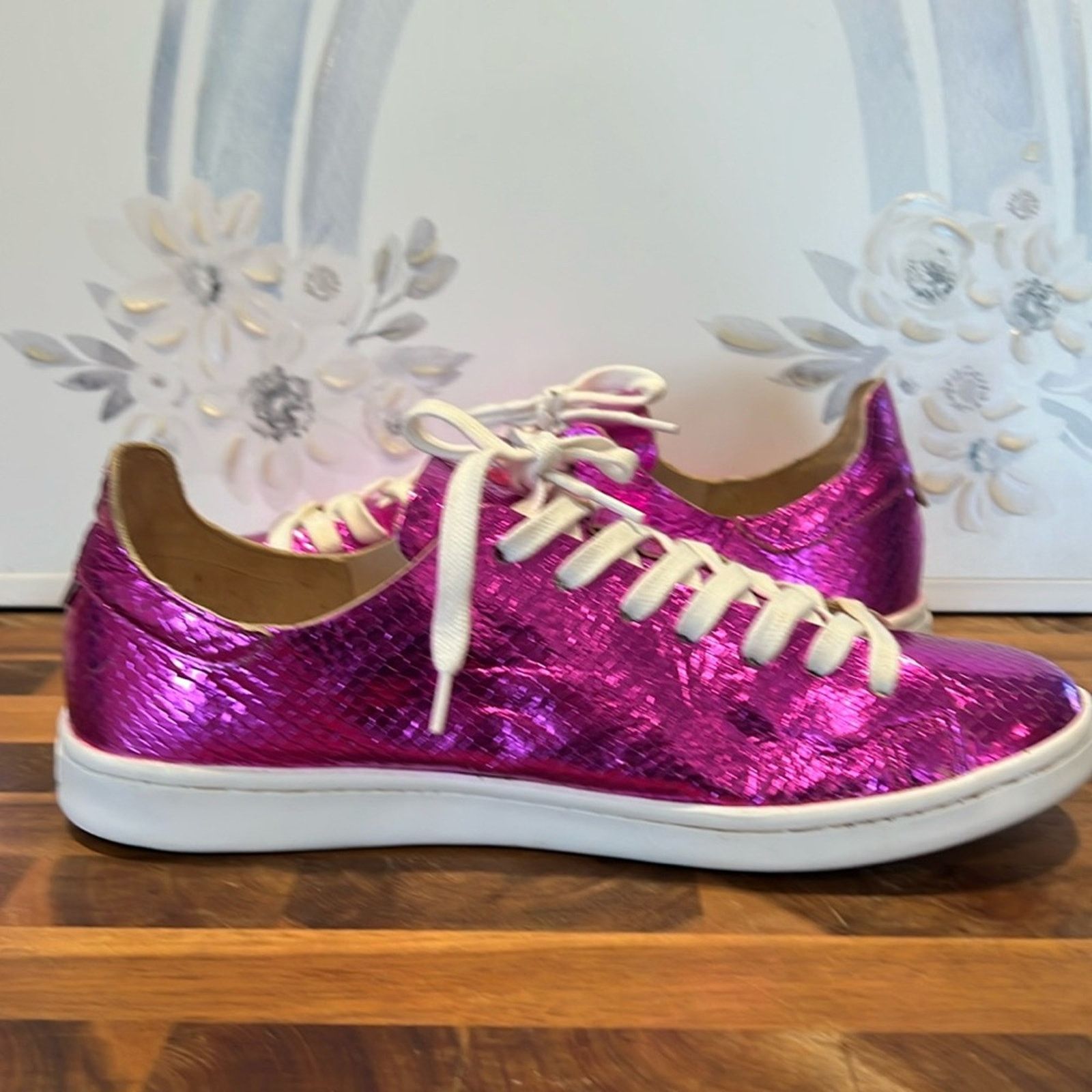 SCHUTZ Schultz Ofelia Metallic Pink Leather Casual Lace-up Sneakers Size US 9.5 / IT 39.5 - 9 Thumbnail