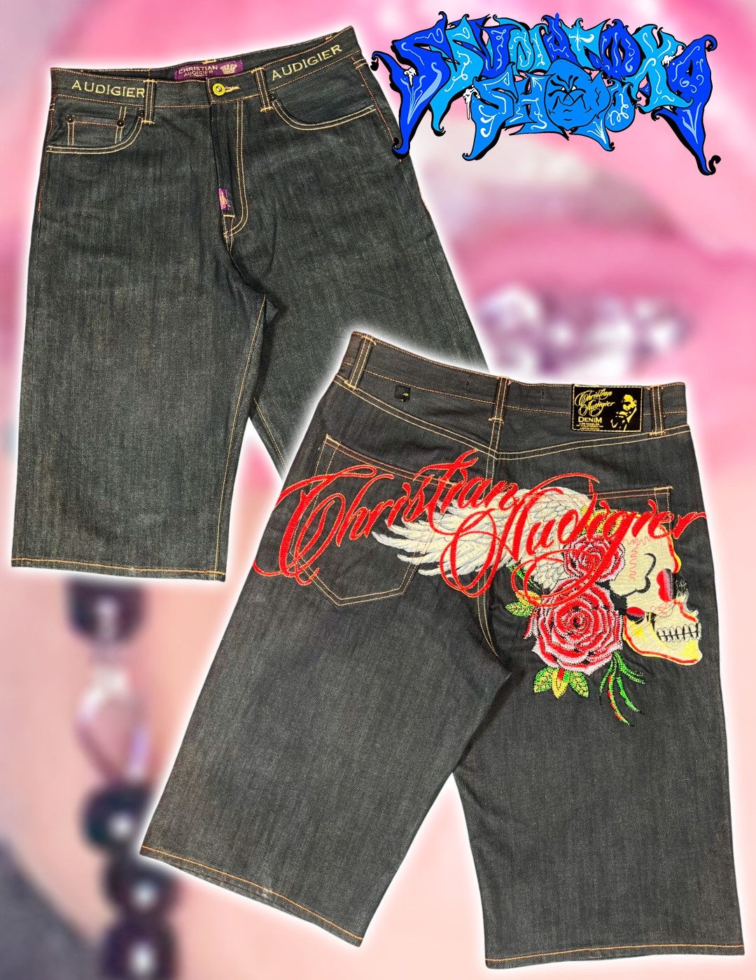 Ed Hardy Christian Audigier Denim Y2K Streetwear Shorts Skull Roses Size US 34 / EU 50 - 1 Thumbnail