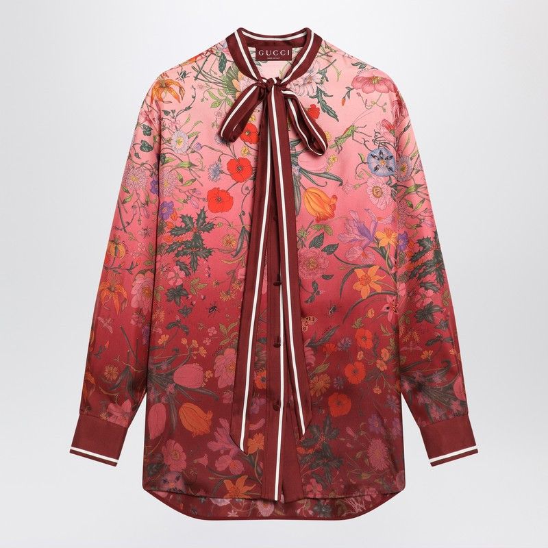 Gucci Shirt With Bow And Floral Print In Silk