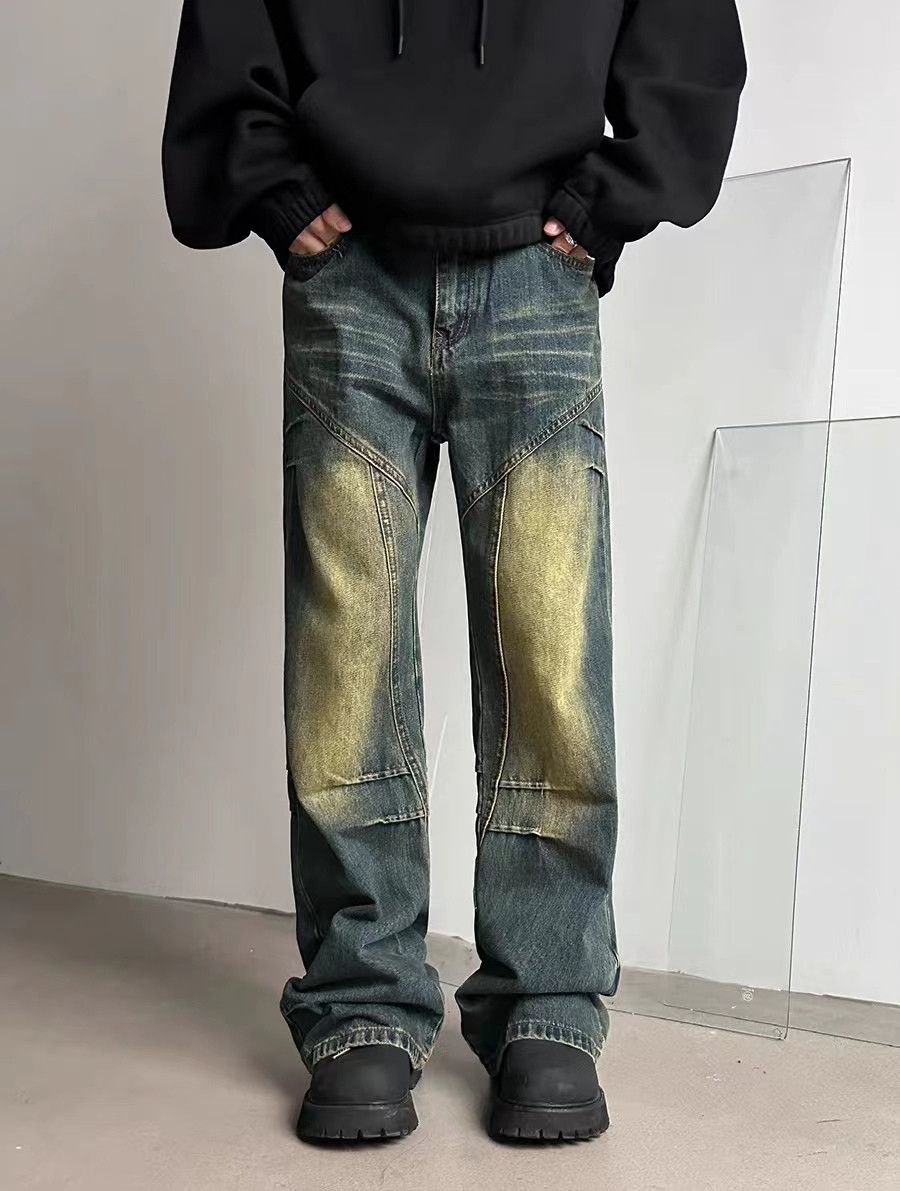 Vintage loose washed pleated bootcut jeans