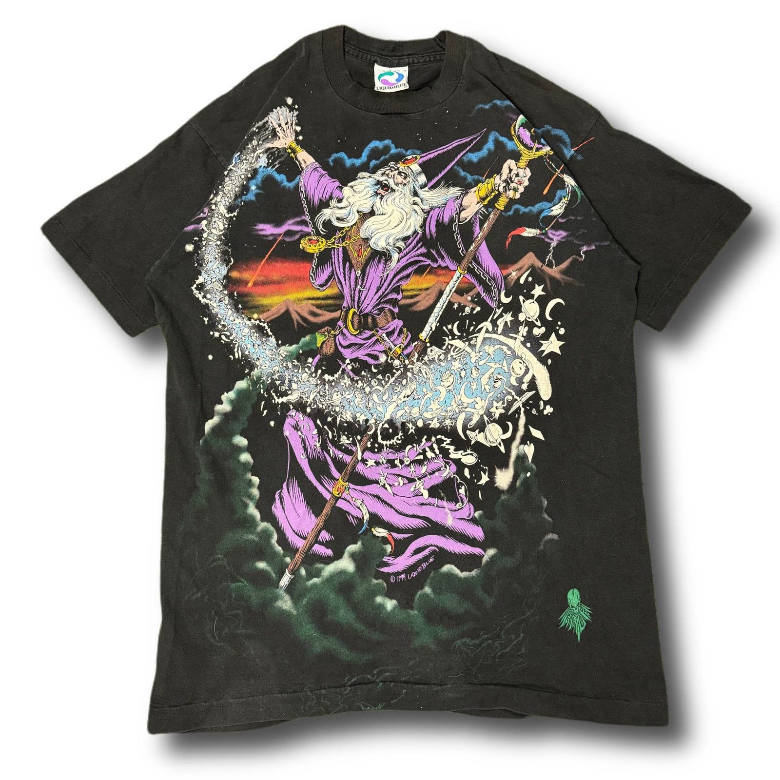 image of Liquid Blue ‘Wizard’ Made In Usa 90's VTG Black Aop T-Shirt, Men's (Size Large)