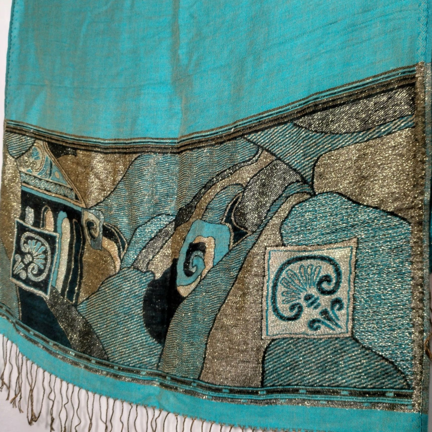 Vintage VINTAGE Cashmere Scarf Woven Turquoise Blue Black Metallic Gold Artsy Boho Wrap Fringe Unisex 75.5x27 Inches Size ONE SIZE - 6 Thumbnail