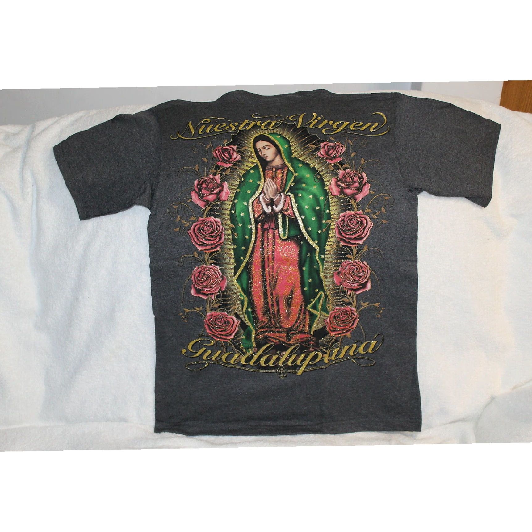 Vintage GUADALUPE VIRGIN MARY T-Shirt, Charcoal Gray, Adult Medium, Graphic Tee, Unisex Size US L / EU 52-54 / 3 - 1 Thumbnail