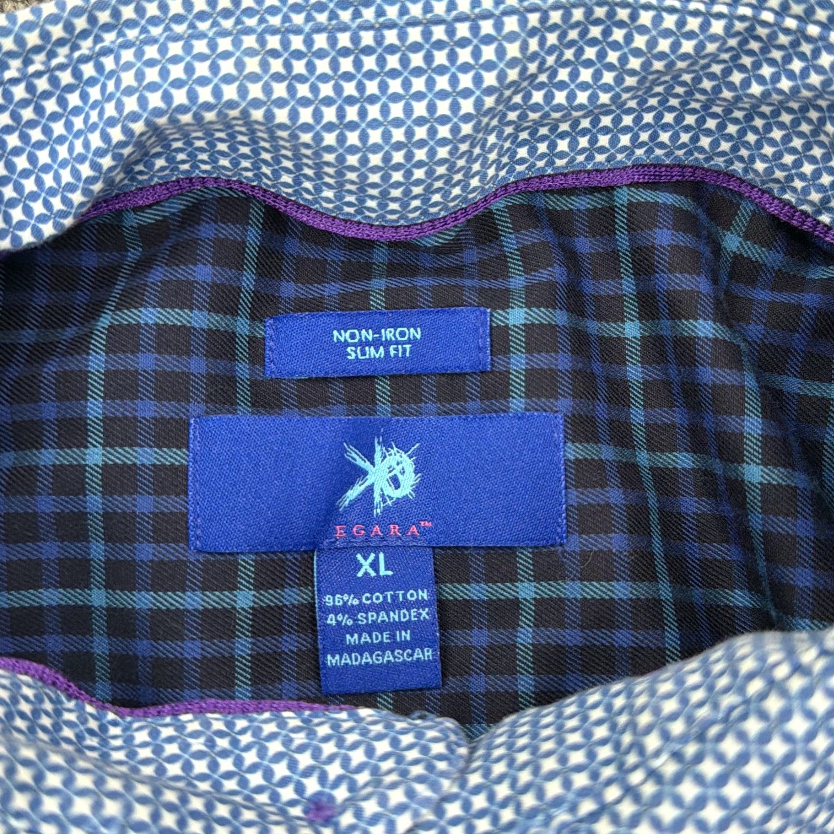 Egara VINTAGE? No. Egara Shirt Mens XL Blue Geometric Non-Iron Slim Fit Stretch Dress Flip-Cuff Size 46R - 3 Thumbnail