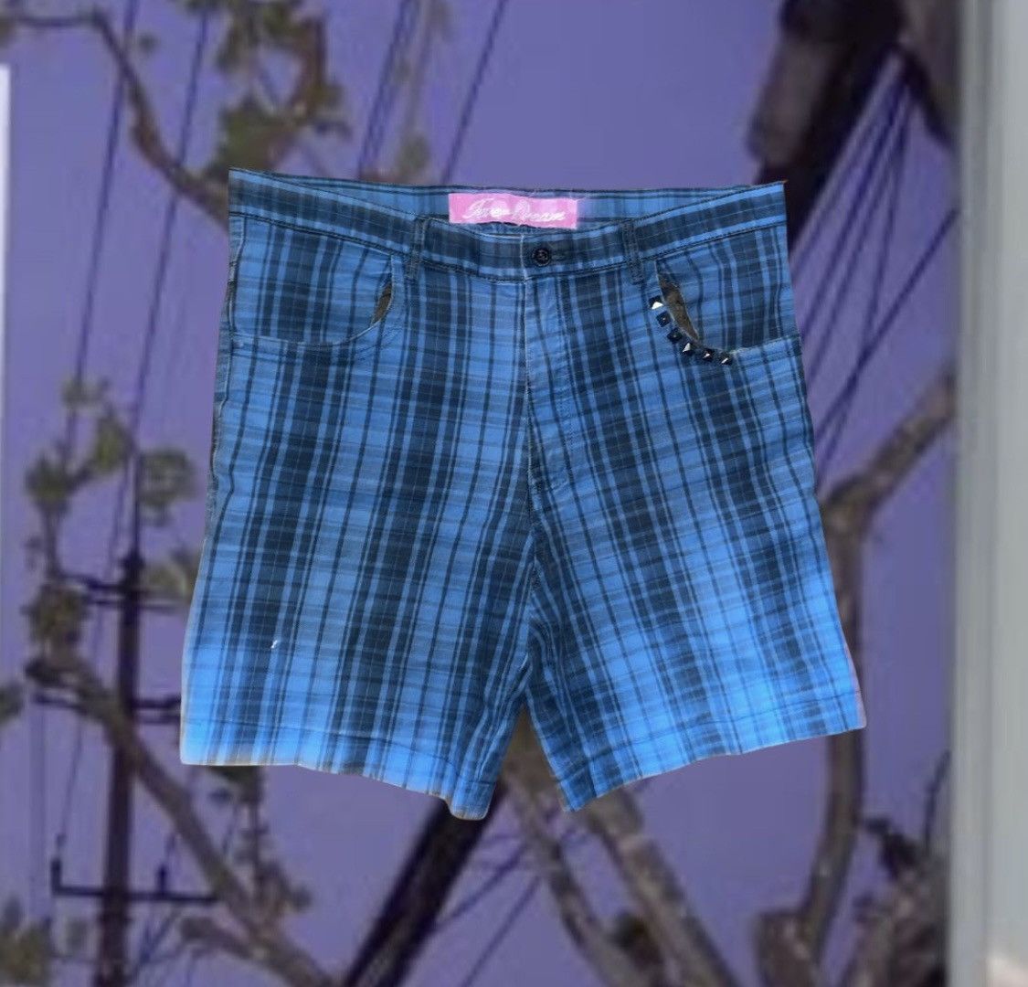 Handmade Plaid Checkered Blue Studded Shorts Size US 35 - 1 Thumbnail
