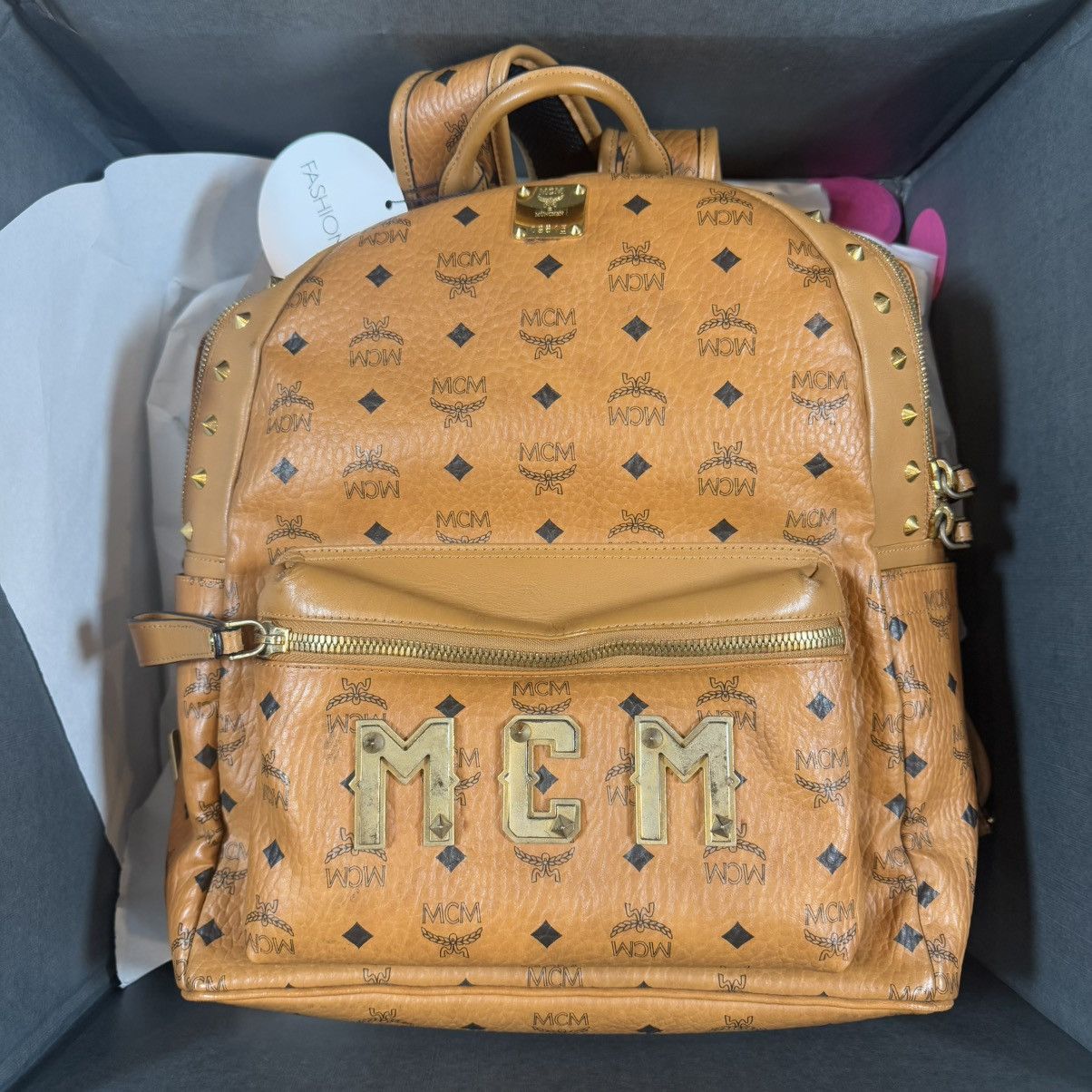 MCM MCM Visetos Studded Medium Stark M Logo Backpack Cognac Size ONE SIZE - 1 Thumbnail