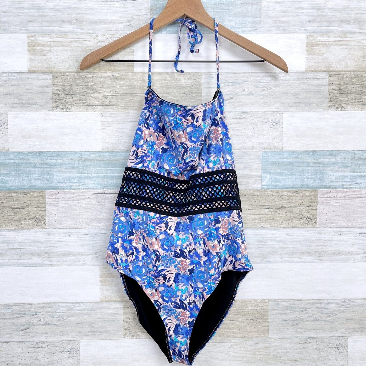 H&M Watercolor Floral Lattice One Piece Swimsuit Womens 10 in Blue (Size Large)