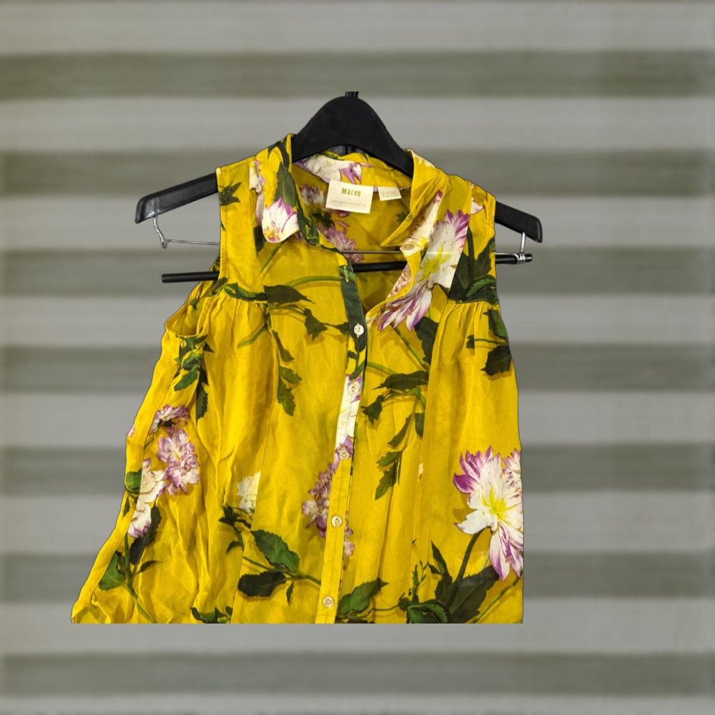 Anthropologie Maeve By Anthropologie Sheer Shirt Womens 4 Duchess Yellow Floral Sleeveless Blouse Crew Neck Button Size S / US 4 / IT 40 - 1 Thumbnail