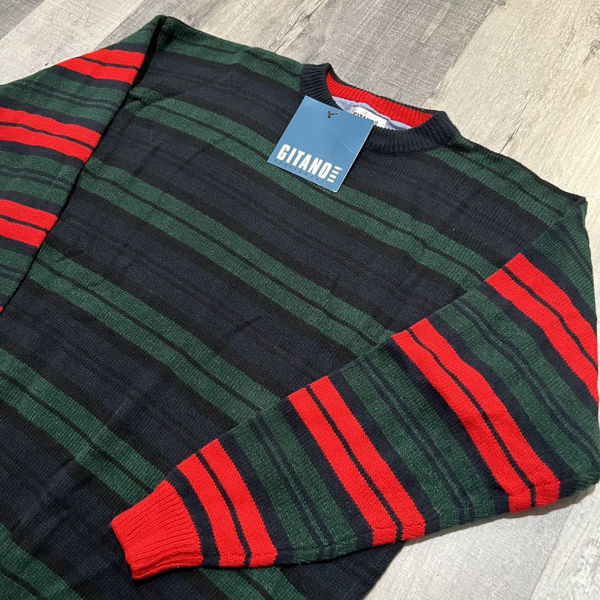 Vintage VTG Gitano Green/Blue Striped Acrylic Knit Pull Over Sweater Size US XL / EU 56 / 4 - 3 Thumbnail