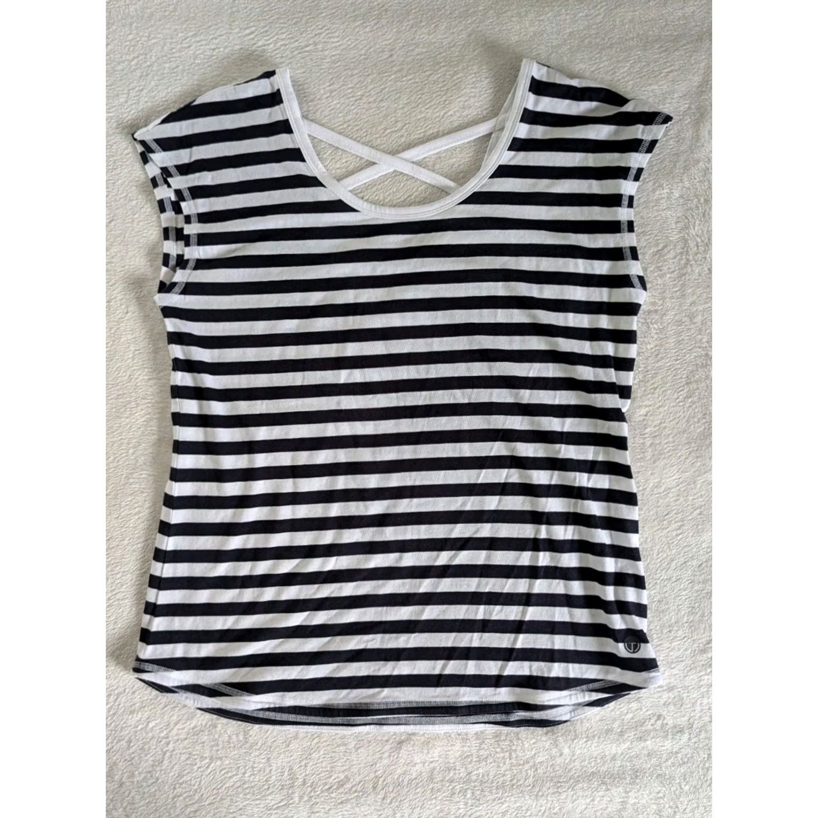 Talbots T By Talbots Striped T-Shirt Cross Back Short Sleeve Top Womens M Navy White Size Med Size M / US 6-8 / IT 42-44 - 2 Thumbnail