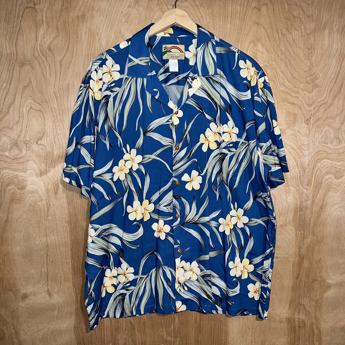 image of Vintage Paradise Found Usa Made Rayon Floral Hawaiian Shirt in Blue, Men's (Size XL)