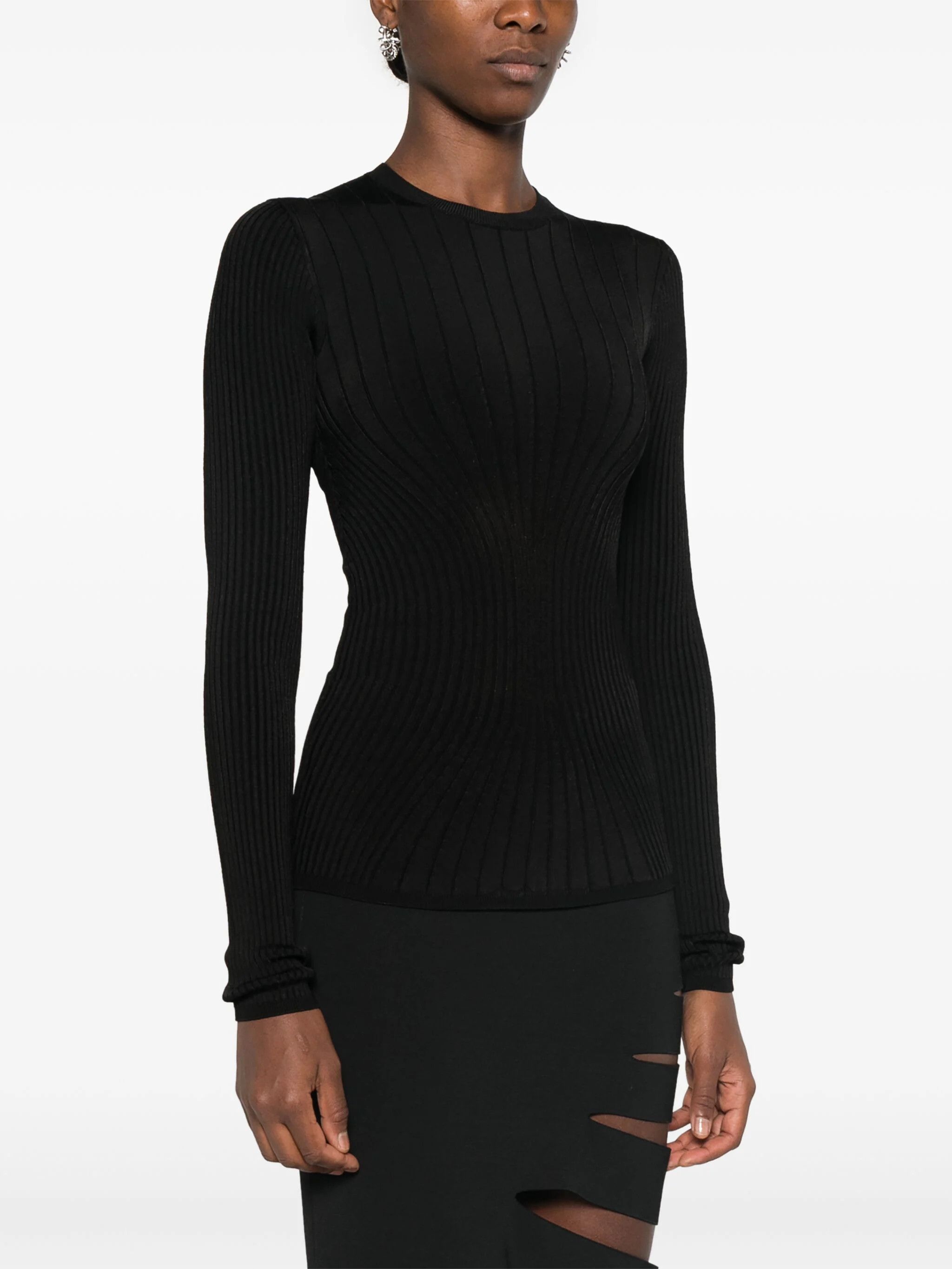 Mugler o1s22i1n1024 Long Sleeves Ribbed Knit Top in Black Size L / US 10 / IT 46 - 3 Thumbnail