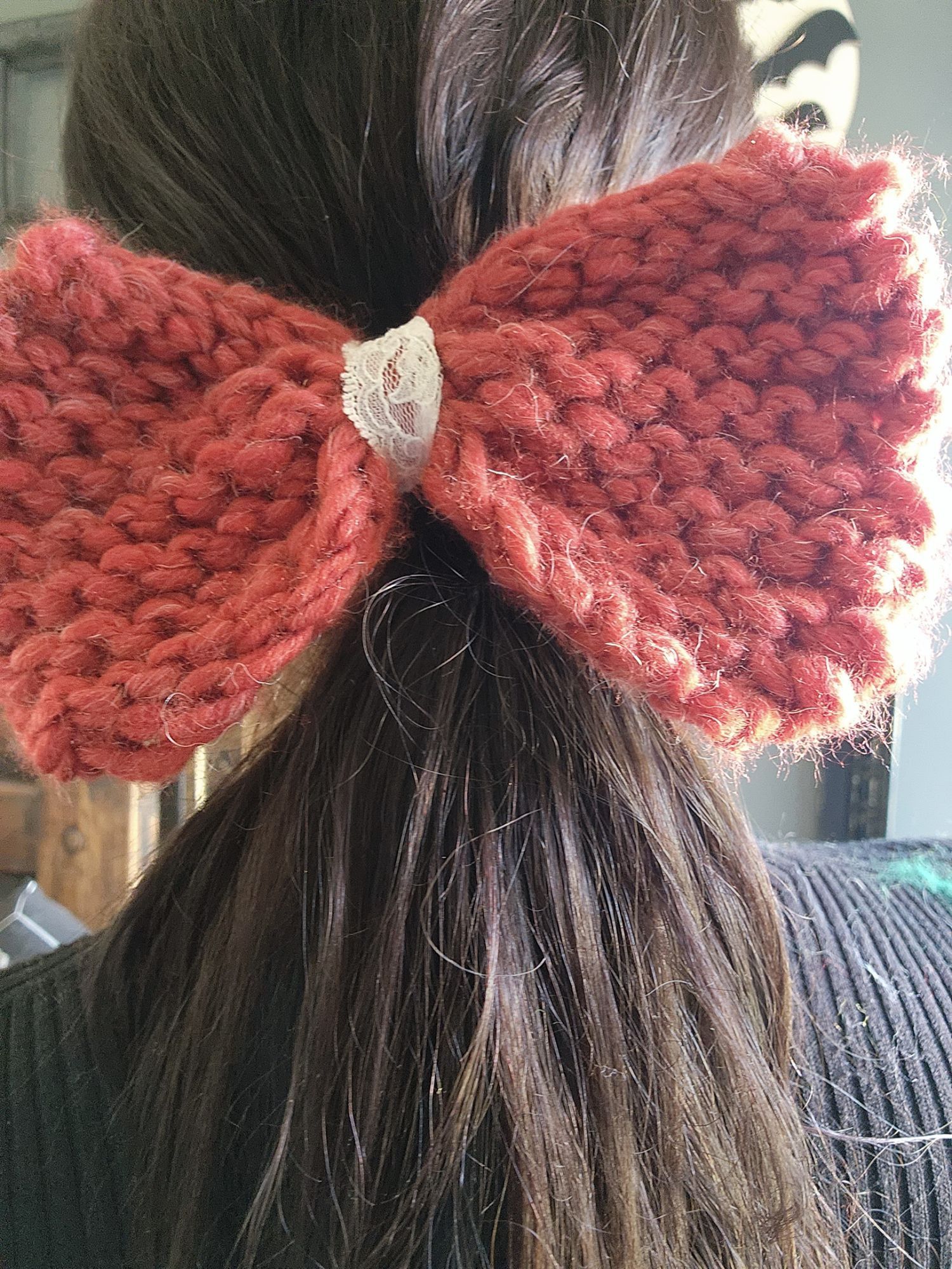 Other Knit Hair Bow, Handknitted Rust Orange Ponytail Holder or Ha Size ONE SIZE - 9 Thumbnail