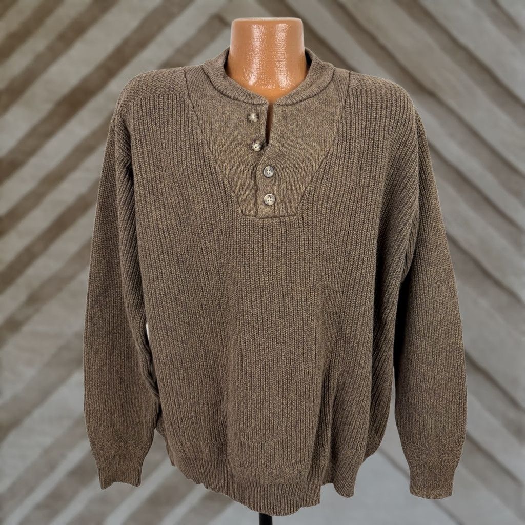 Vintage VINTAGE Cabela's Sweater Henley Mens XL Tall Brown Cotton Knit Ribbed 90s Grunge Retro Weightful Patch +Measurements (No holes) Mens Size US XL / EU 56 / 4 - 1 Thumbnail