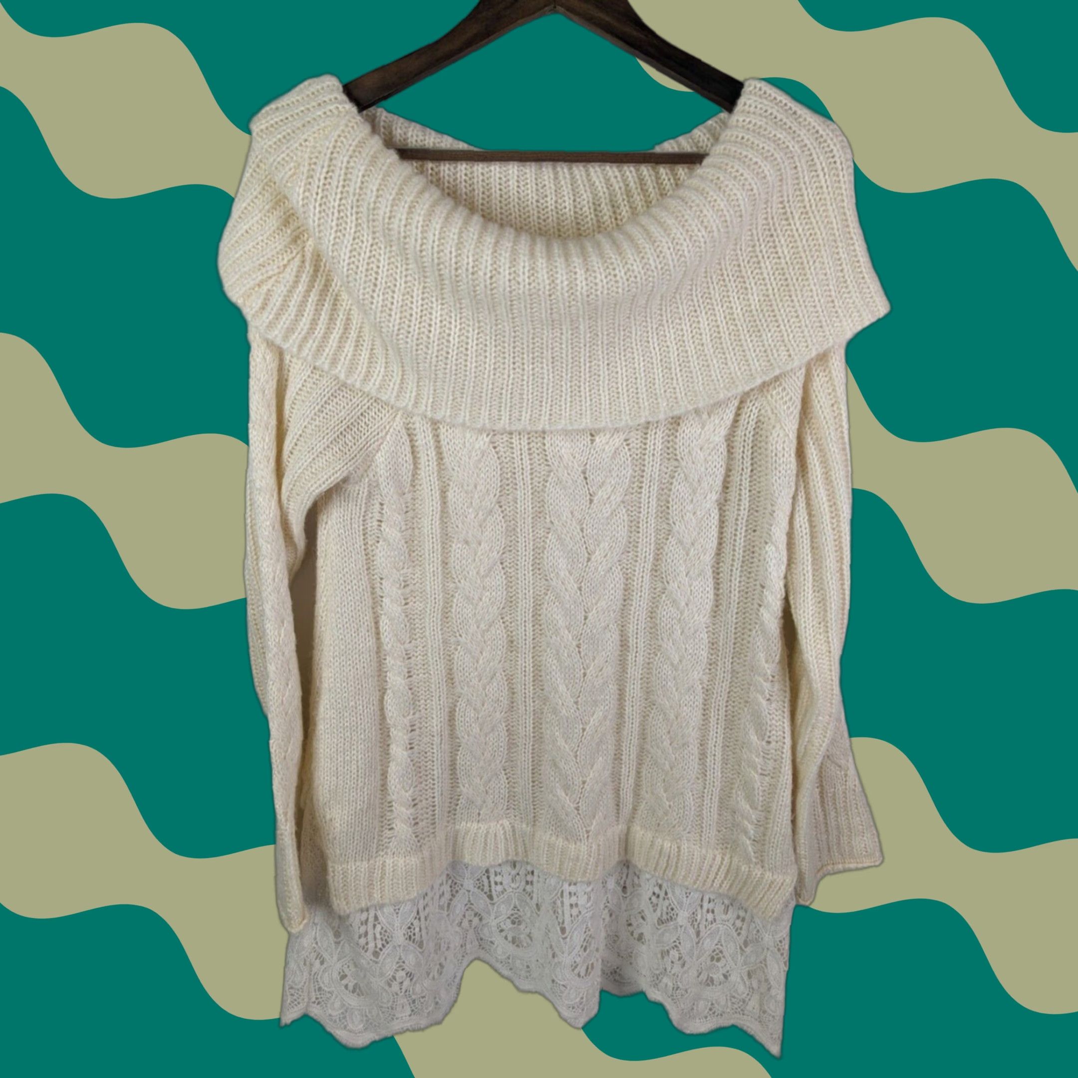 Vintage VINTAGE Knox Rose Cream Cable Knit Off the Shoulder Lace Trim Cowl Women Sweater Large Size L / US 10 / IT 46 - 1 Thumbnail