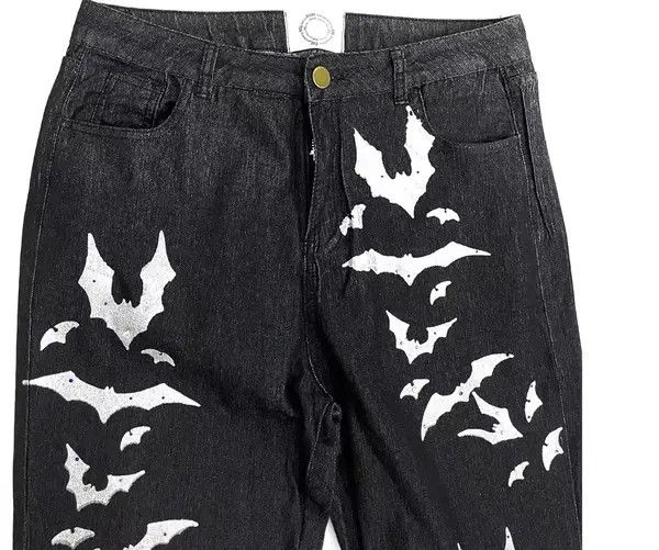 VIBE Washed distressed pleated micro-flare bat-print jeans Size US 32 / EU 48 - 3 Thumbnail