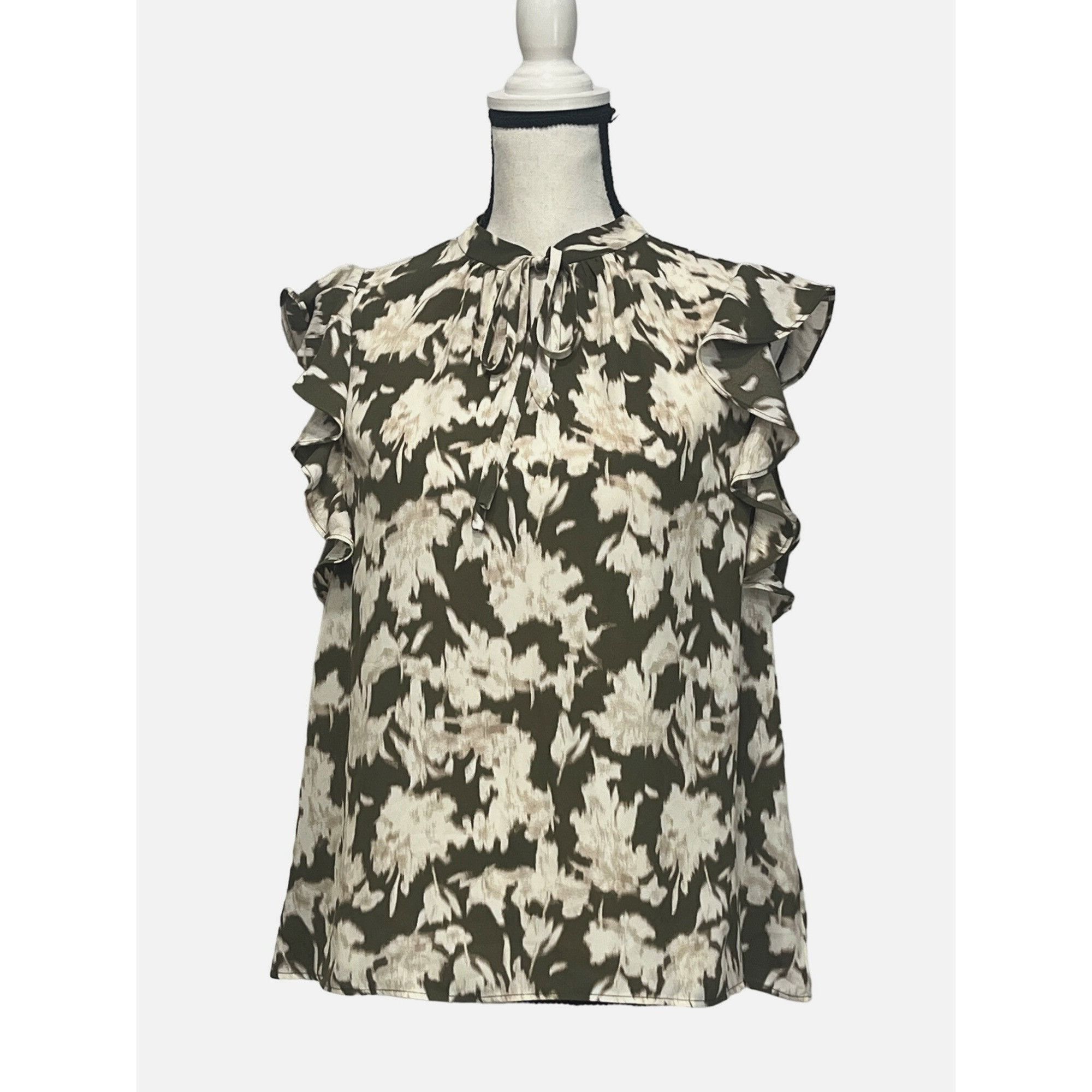 Other Nordstrom Rack Ruffle Sleeve Tie Neck Top, Olive Burnt-Ivory Size S / US 4 / IT 40 - 2 Thumbnail